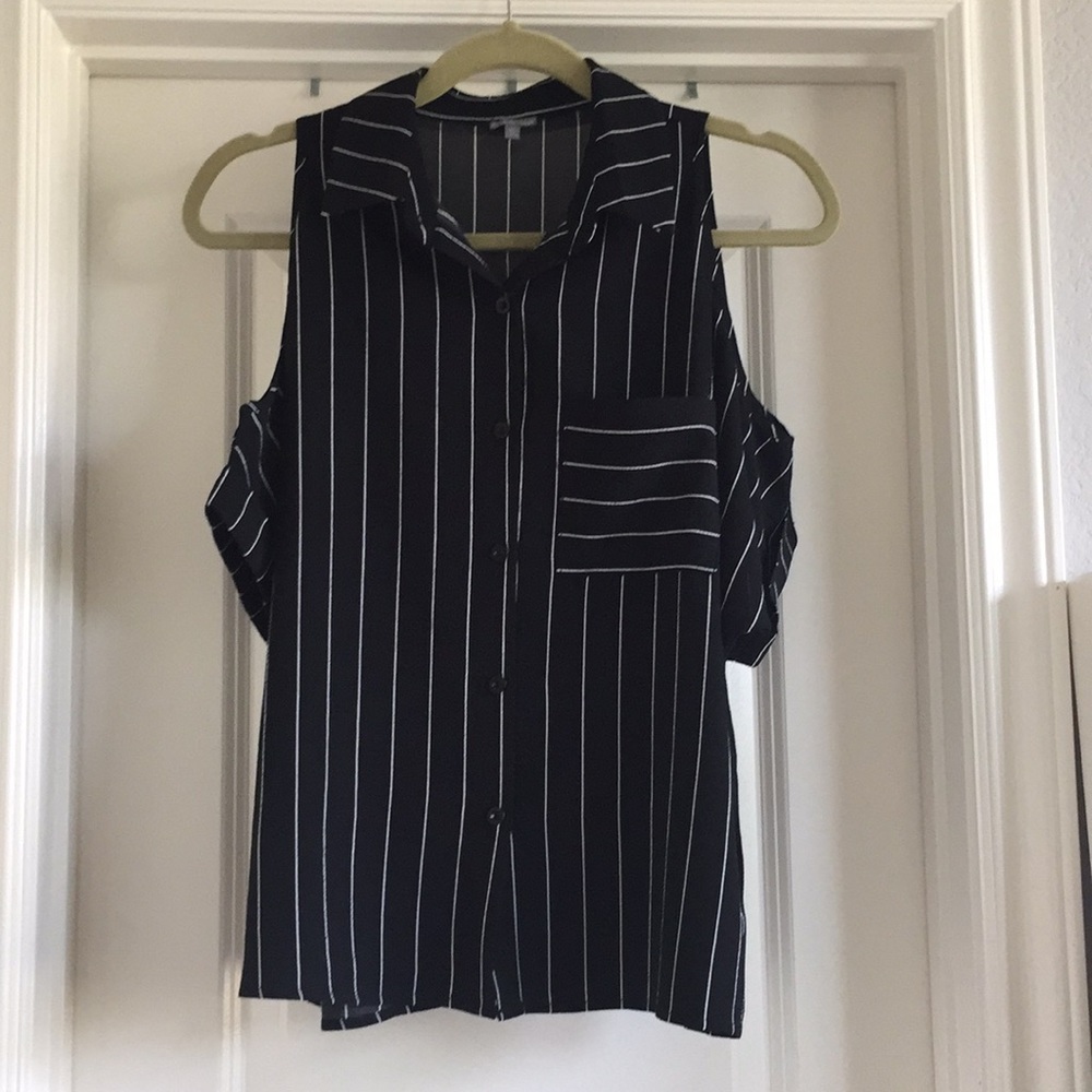 Open shoulder black pinstriped button down